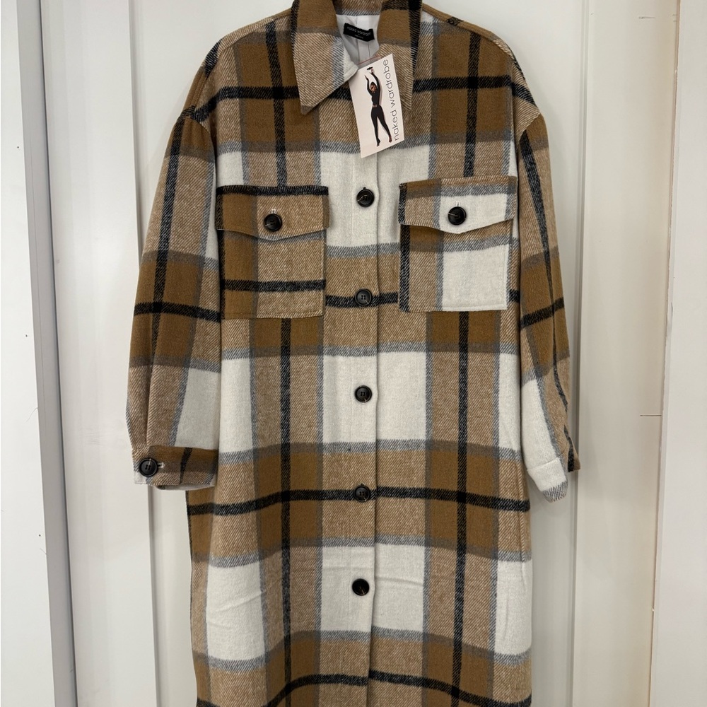 Naked Wardrobe Brown and Cream Plaid Shirt Jacket